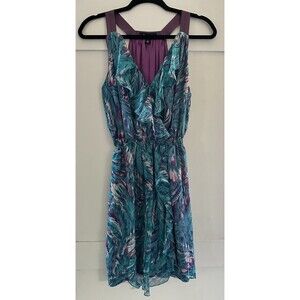 Charlie Jade Silk Blend Dress Size S Teal Purple Print Ruffle Sleeveless Dress